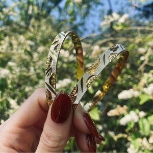 Set of 2 Stacking Gold Tone Bangle Bracelets w. Etched Design